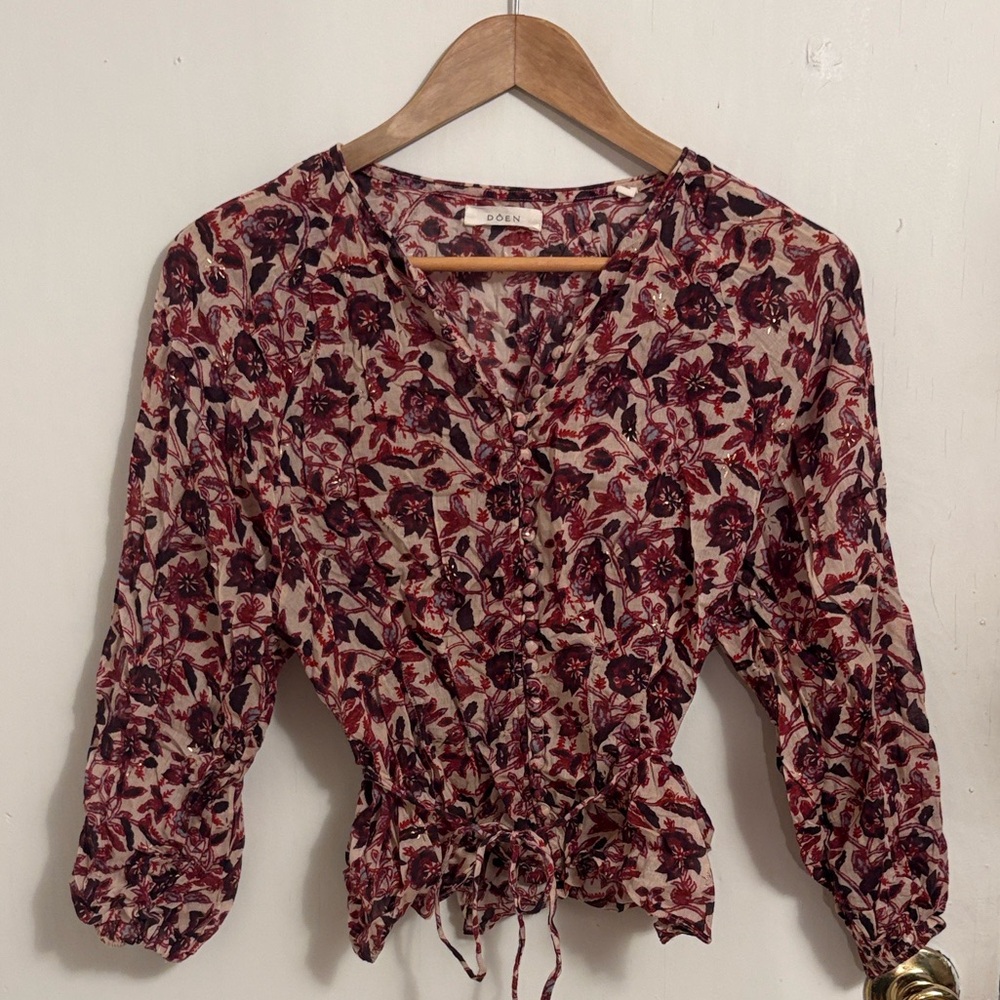 Doen Floral Blouse in Burgundy and Cream